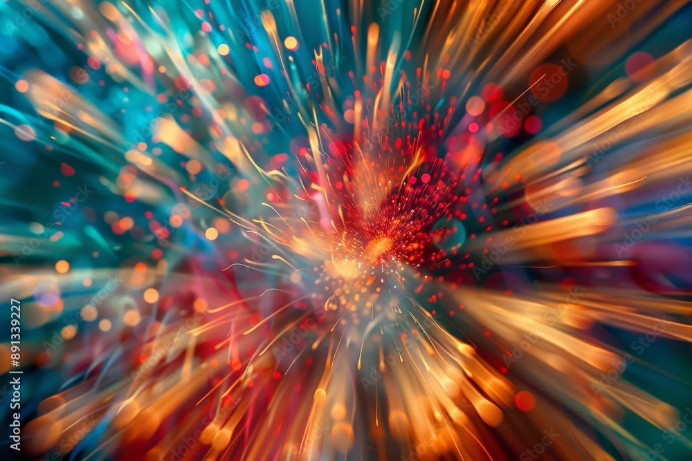 Poster This abstract design showcases a colorful burst of light and energy, with dynamic patterns and hues creating a vivid and visually engaging composition.