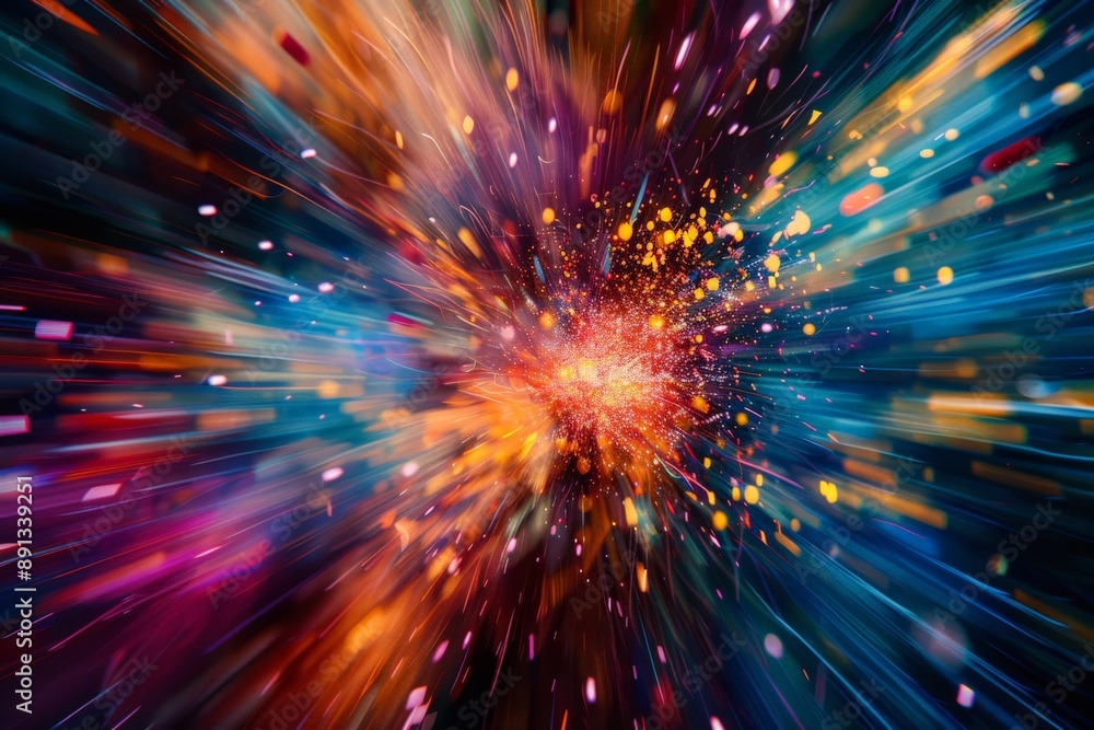 Poster an abstract visual representation featuring a bright explosion of colors, giving a sense of movement