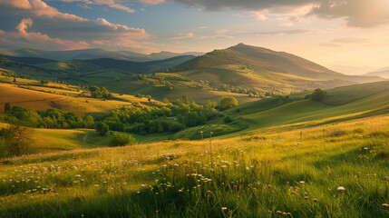 Stunning Romanian countryside at sunset. Beautiful springtime scene with grassy fields and rolling hills against a mountain backdrop.