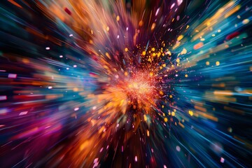 An abstract visual representation featuring a bright explosion of colors, giving a sense of movement and energy, with various hues blending and radiating outward.