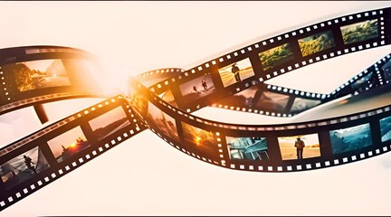 A horizontal film strip with various images, each representing different video concepts, on a white background. - Powered by Adobe