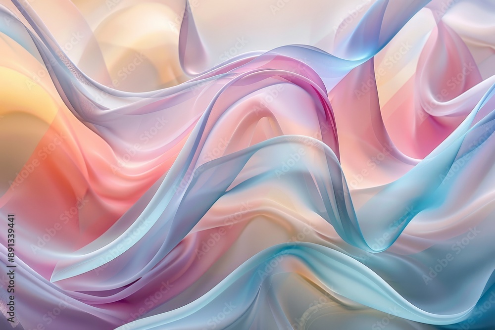 Poster dynamic swirls of soft pink, blue, and yellow pastel waves creating a fluid and graceful abstract im