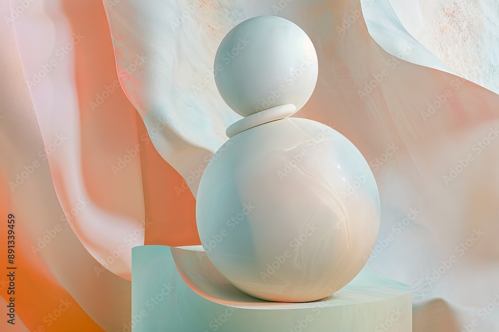 Poster a minimalist white marble sculpture set against flowing pastel fabric, blending the simplicity of mo
