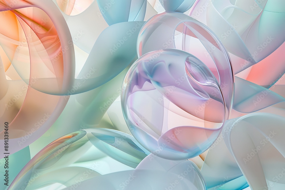 Poster translucent orbs gracefully float amongst pastel abstract waves, creating a visually serene and ethe