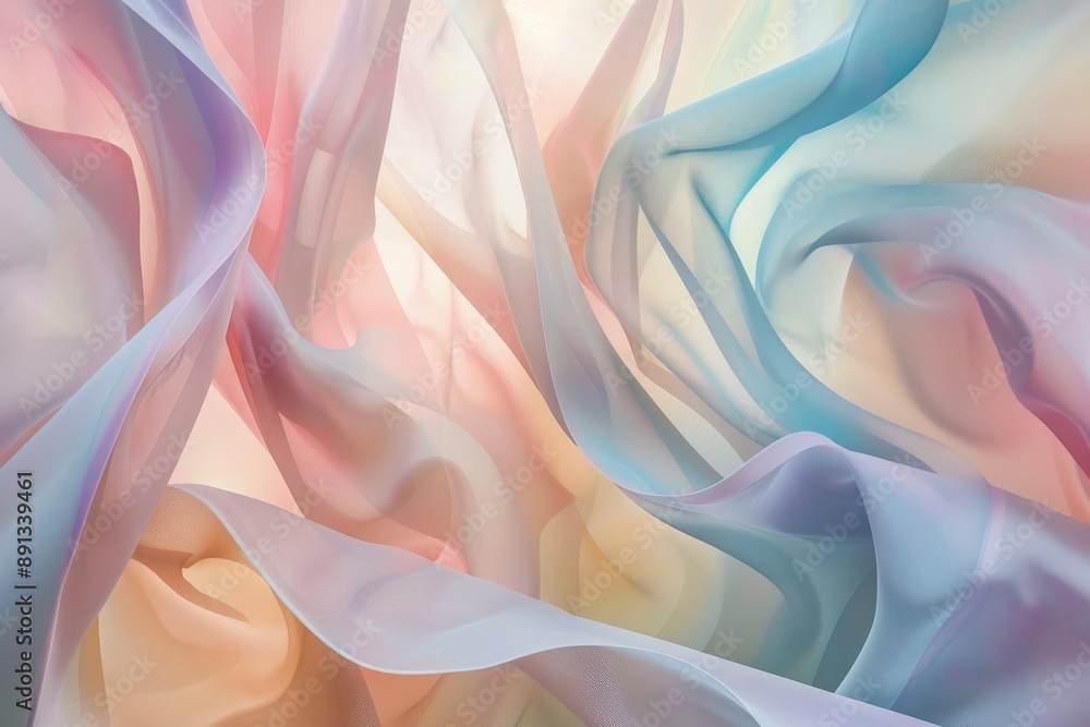 Poster Soft pastel fabric waves intertwining in an abstract dance, creating a visually soothing yet dynamic composition that evokes feelings of serenity and fluidity.