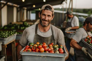 Fototapeta premium A worker surrounded by fresh produce and fellow workers, is seen carrying a large container of fresh tomatoes in a farm environment, exemplifying teamwork and dedication in farming.