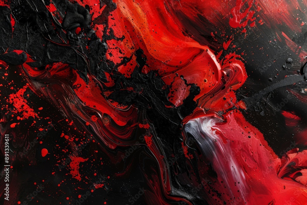 Leinwandbilder This striking abstract image features bold red and black colors intermingling with white, creating swirling patterns that evoke a sense of dynamic movement and artistic flair.