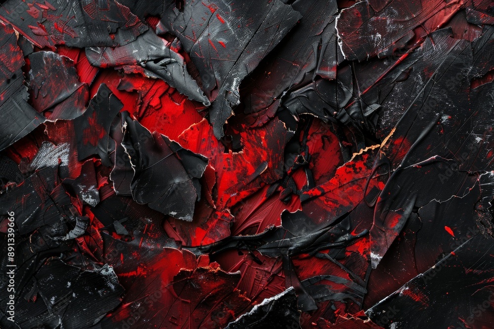 Leinwandbilder This vibrant image features intense layers of black and red textured abstract shapes, creating a striking and powerful visual experience.