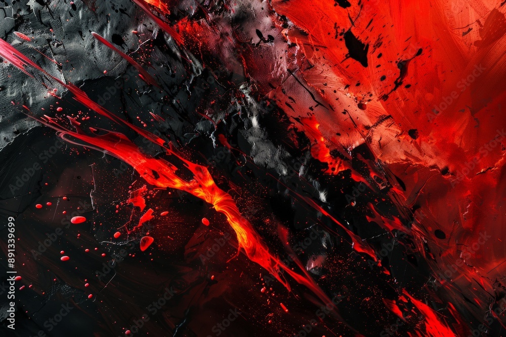Aufkleber Abstract painting with dynamic splashes and streaks of red and black, representing a powerful and energetic moment frozen in time, full of movement and intensity.