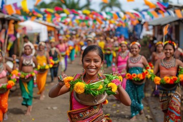 Obraz premium A group of people dressed in colorful traditional attire participating in a festival, showcasing a lively atmosphere filled with cultural pride and community spirit.