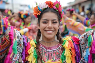 Fototapeta premium A young dancer adorned in a colorful and intricate traditional dress celebrates cultural heritage, expressing joy and unity through lively dance in a festive environment.