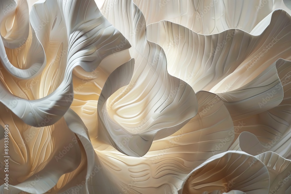 Aufkleber An image features an elegant abstract floral pattern with soft white curves and delicate folds, mimicking petals in a subtle light, creating a refined and gentle aesthetic.