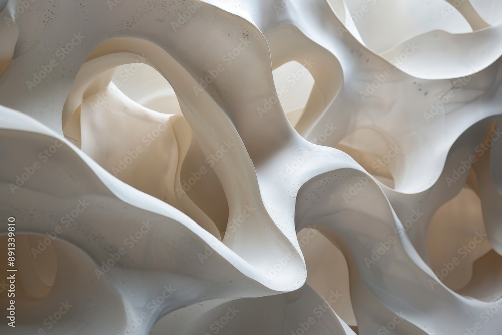 Poster An image showing an abstract composition of smooth white waves and arcs, creating a harmonious and calming visual that evokes feelings of tranquillity and softness.