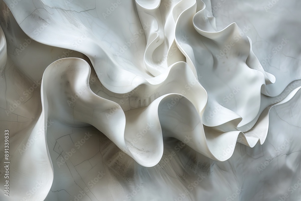 Poster An intricate image showcasing abstract flowing curves with shades of white and grey, representing softness and elegance, captured in a modern artistic style.