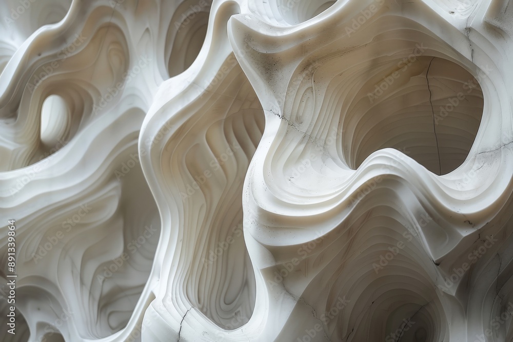 Poster An intricate image of white wavy structures exhibiting complex patterns and depth, representing fluidity and complexity, beautifully rendered in a modern art style.