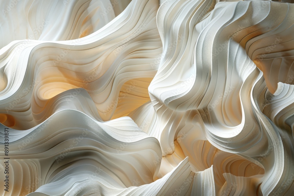 Poster An abstract depiction of flowing fabric-like structures infused with golden light, creating a sense of warmth and dynamic movement, captured in a contemporary art style.