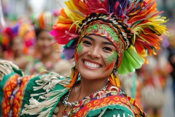 A captivating image showcasing a person in traditional attire, featuring an elaborate headgear adorned with colorful feathers, representing cultural identity and festivity.