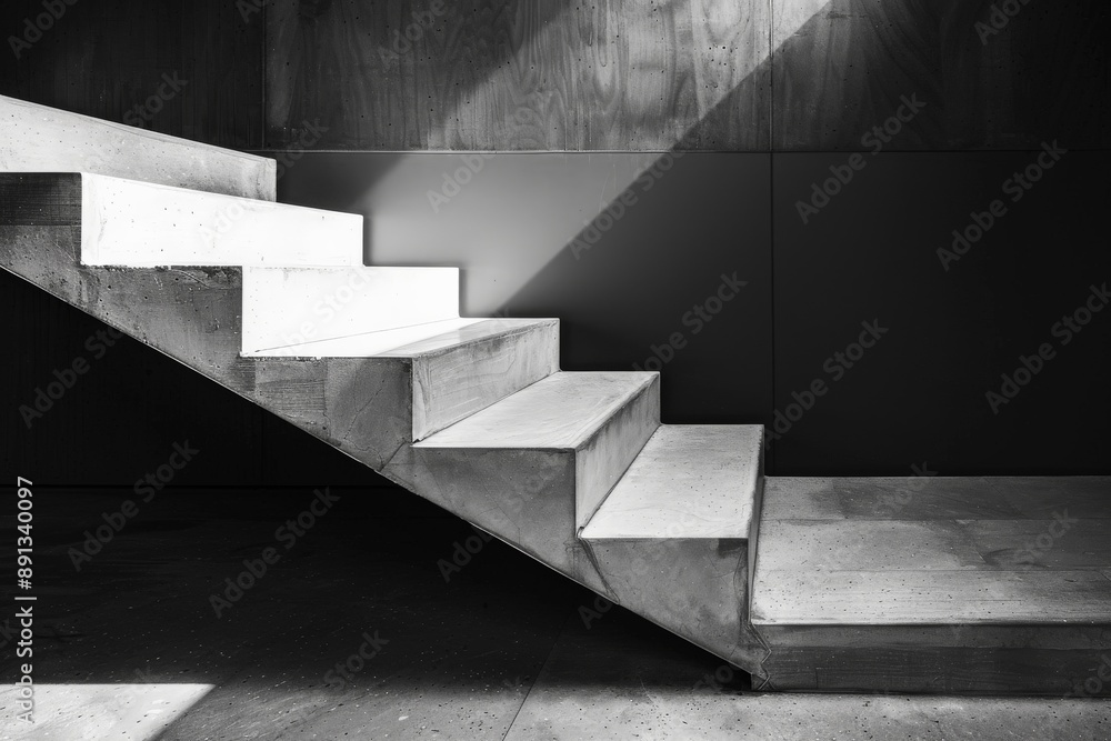 Poster this image is an abstract shot of concrete stairs, featuring dramatic lighting and shadows that emph