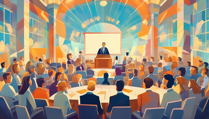 A versatile image of a legal conference with keynote speakers, panel discussions, and attendees networking.