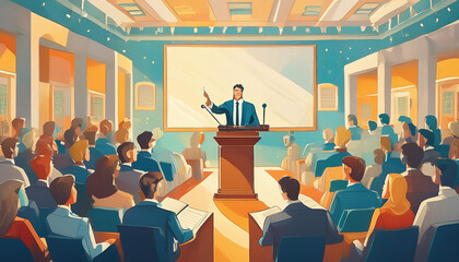 A versatile image of a legal conference with keynote speakers, panel discussions, and attendees networking.