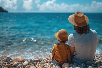 A parent and child wearing hats are sitting together on a pebbled beach, facing the tranquil sea under clear skies, symbolizing a peaceful and intimate family moment by the water.