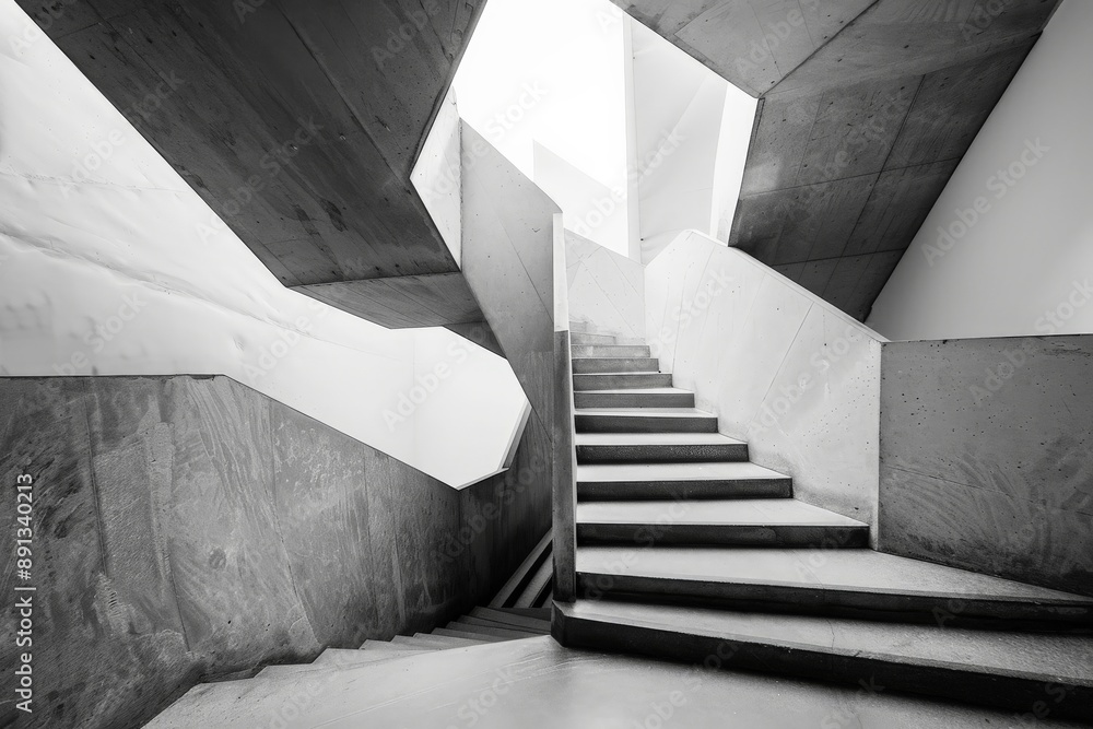 Aufkleber a black and white photograph of a concrete stairway featuring angular walls and illuminated by sunli