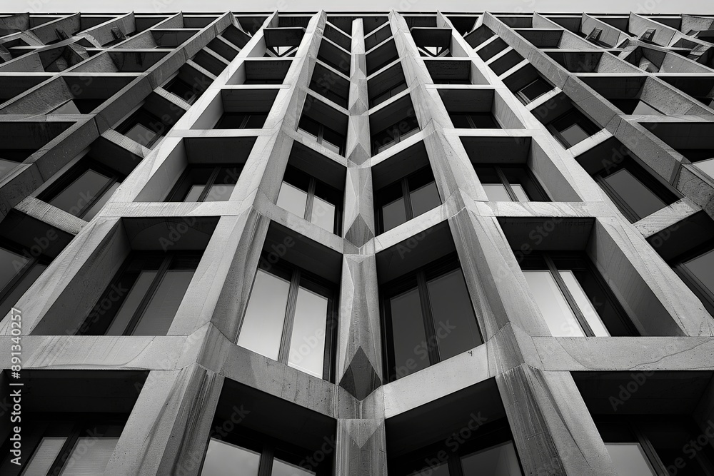 Poster a detailed look at an angular building facade with intersecting planes creating deep shadows, highli