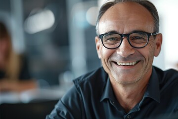 A smiling middle-aged man wearing glasses is pictured in a business-casual outfit, exuding warmth and friendliness in a contemporary office setting filled with natural light.