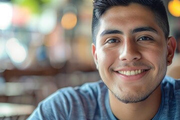 Obraz premium A young man smiles happily indoors with soft background lights, portraying a warm, joyful ambiance and friendly nature.