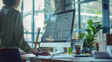 The workspace with architectural blueprints