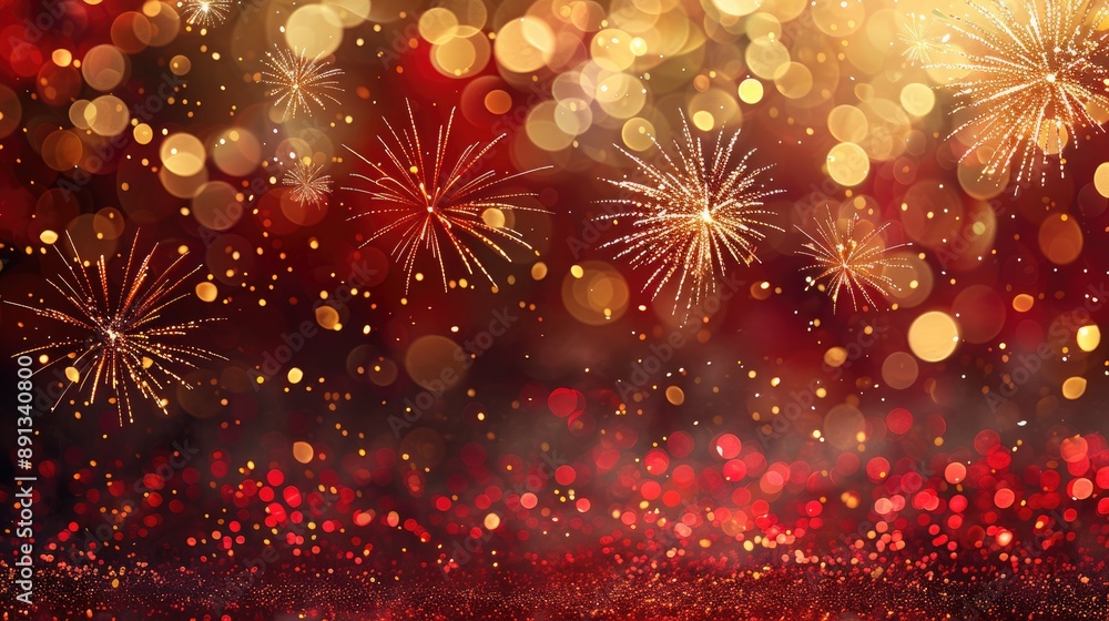 Poster a dazzling display of fireworks against a bokeh background of golden and red lights, capturing the f