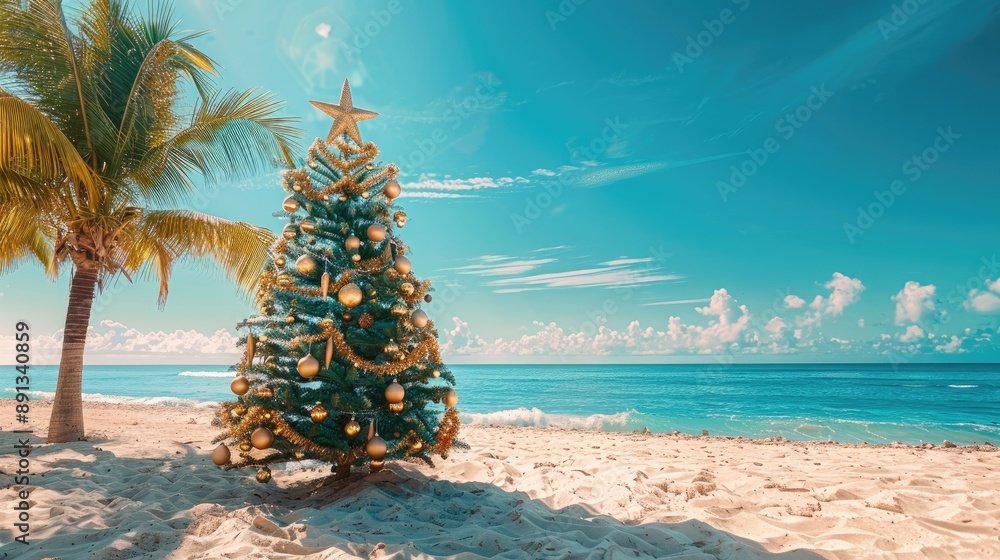 Wall mural a decorated christmas tree stands on a sunny tropical beach with a palm tree and blue ocean in the b