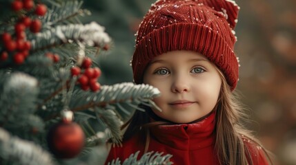 A child in a red knit hat standing next to a Christmas tree with festive red berries and ornaments, capturing the magic of the holiday season