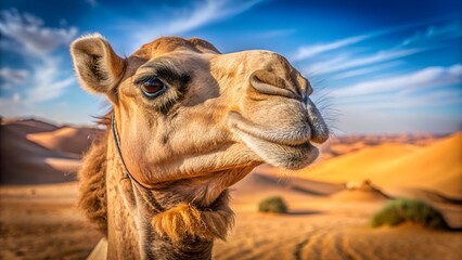 Camel posing in the desert with blue sky
