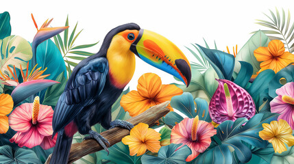  Painting colorful tropical  flowers with Knobbed ,Hornbills ,parrot sitting on a branch in the forest,tropical flowers, orchids, anthuriums and green leave.