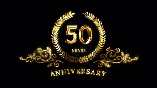 50th Anniversary Celebration. Golden 50 Years Anniversary Animation in Gold Color on the Transparent Background, Alpha Channel. Great for greetings, celebrations, events, and gifts.