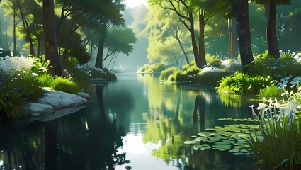 A Water Surrounded BY Trees & Landscape || AI Generated