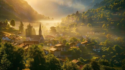 Fototapeta premium Sunlight casting a warm glow on a picturesque village
