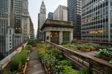 Fototapeta premium A vintage rooftop garden populated with various plants and wooden paths, set against the backdrop of an iconic city skyline with towering buildings.