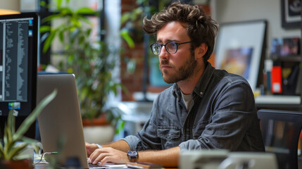 Portrait of young smart man with glasses working on computer at home. Hardworking guy doing sowtware development online. Generative AI