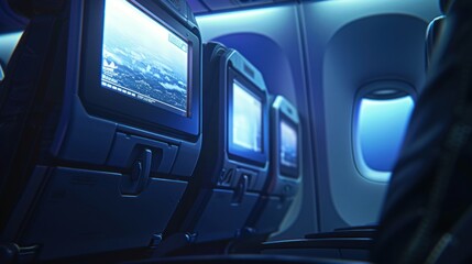 Obraz premium Airplane Interior with Illuminated Window and Seatback Screens