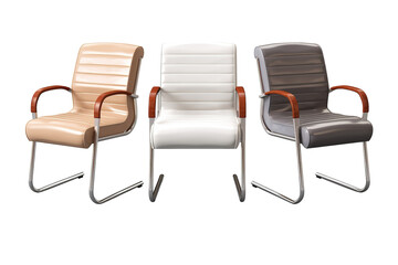 Obraz premium Three Office Chairs With Sleek Metal Frames and Plush Upholstery Stand in a Row Against a White Backdrop. The Chairs Are Each a Different Color on a Clear PNG or White Background.