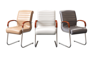 Three Office Chairs With Sleek Metal Frames and Plush Upholstery Stand in a Row Against a White Backdrop. The Chairs Are Each a Different Color on a Clear PNG or White Background.