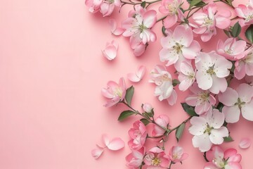 Obraz premium Elegant banner with flowers on a light pink background, flat lay style, springtime theme, ample copy space, ideal for wedding, Mothers Day, or Womens Day card