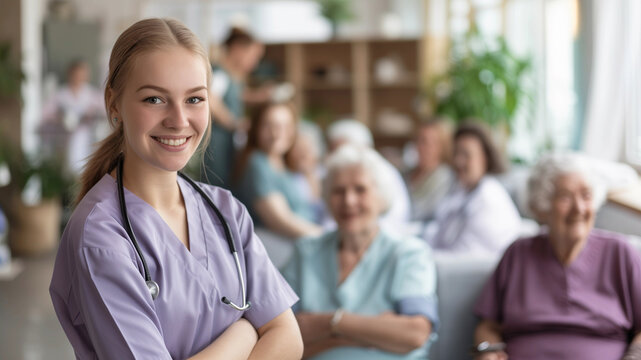 Fr&ouml;hliche junge Frau macht Ausbildung zur Pflegekraft