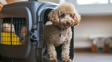 A headstrong poodle standing its ground, refusing to enter its pet carrier
