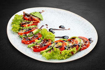 Eel, Tomato, and Avocado Salad with Balsamic Dressing. .A light yet indulgent salad featuring tender smoked eel, ripe tomatoes, and creamy avocado.