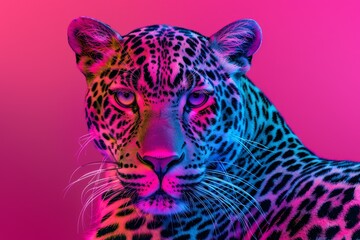 close-up of leopard face with neon light glowing background fantasy artwork, generative ai. Beautiful simple AI generated image in 4K, unique.
