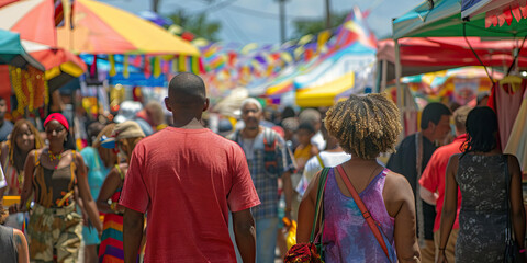 Cultural Pride on Display: An outdoor festival bustles with African American culture, with booths showcasing traditional art, food, and music