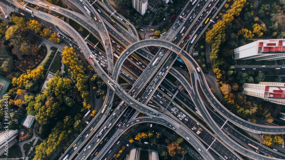 Poster a highway interchange with cars merging into different lanes, aerial view